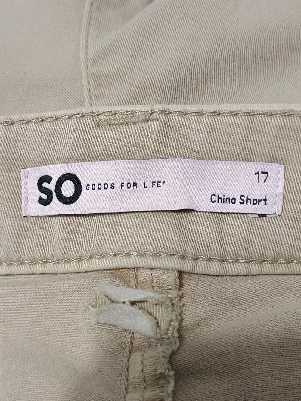 SO Goods For Life Juniors Khaki Chino Shorts Size 17 Low Rise Stretch Cotton Lyo